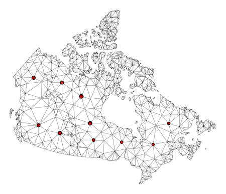 Polygonal mesh lockdown map of Canada. Abstract mesh lines and locks form map of Canada. Vector wire frame 2D polygonal line network in black color with red locks. Frame model for medical templates.のイラスト素材