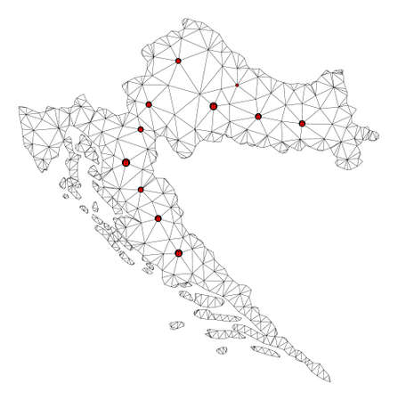 Polygonal mesh lockdown map of Croatia. Abstract mesh lines and locks form map of Croatia. Vector wire frame 2D polygonal line network in black color with red locks. Frame model for lockdown purposes.のイラスト素材