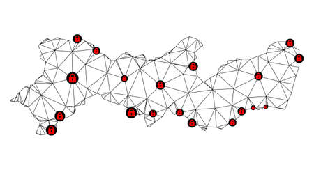 Polygonal mesh lockdown map of Pernambuco State. Abstract mesh lines and locks form map of Pernambuco State. Vector wire frame 2D polygonal line network in black color with red locks.のイラスト素材