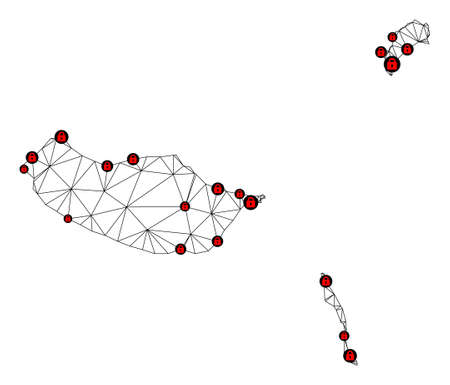 Polygonal mesh lockdown map of Madeira Islands. Abstract mesh lines and locks form map of Madeira Islands. Vector wire frame 2D polygonal line network in black color with red locks.のイラスト素材