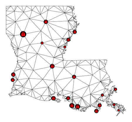 Polygonal mesh lockdown map of Louisiana State. Abstract mesh lines and locks form map of Louisiana State. Vector wire frame 2D polygonal line network in black color with red locks.のイラスト素材