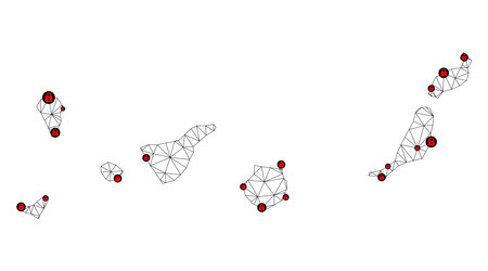Polygonal mesh lockdown map of Canary Islands. Abstract mesh lines and locks form map of Canary Islands. Vector wire frame 2D polygonal line network in black color with red locks.のイラスト素材