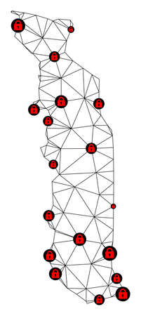 Polygonal mesh lockdown map of Togo. Abstract mesh lines and locks form map of Togo. Vector wire frame 2D polygonal line network in black color with red locks. Frame model for lockdown posters.のイラスト素材