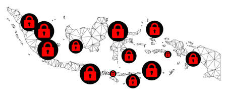 Polygonal mesh lockdown map of Indonesia. Abstract mesh lines and locks form map of Indonesia. Vector wire frame 2D polygonal line network in black color with red locks.のイラスト素材