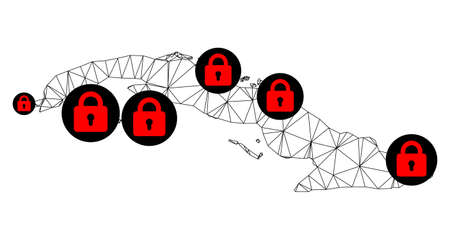 Polygonal mesh lockdown map of Cuba. Abstract mesh lines and locks form map of Cuba. Vector wire frame 2D polygonal line network in black color with red locks. Frame model for lockdown templates.のイラスト素材