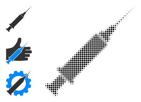 Halftone syringe. Dotted syringe constructed with small circle items. Vector illustration of syringe icon on a white background. Halftone pattern contains circle dots.のイラスト素材