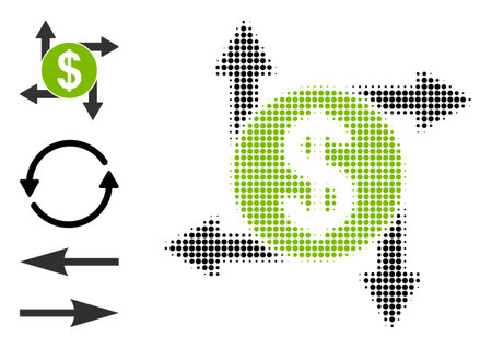 Halftone dollar transactions. Dotted dollar transactions generated with small round dots. Vector illustration of dollar transactions icon on a white background. Halftone array contains circle dots.のイラスト素材