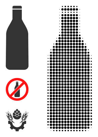 Halftone beer bottle. Dotted beer bottle constructed with small circle items. Vector illustration of beer bottle icon on a white background. Halftone array contains circle pixels.のイラスト素材