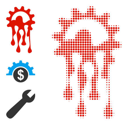 Halftone melting gear. Dotted melting gear made with small round dots. Vector illustration of melting gear icon on a white background. Halftone pattern contains round points.のイラスト素材