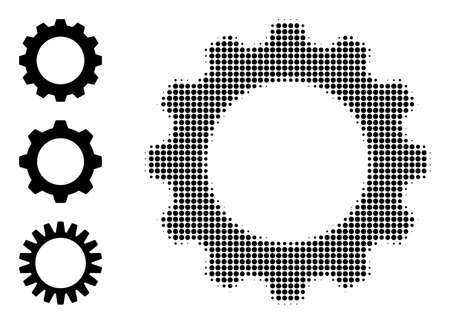 Halftone cogwheel. Dotted cogwheel made with small circle points. Vector illustration of cogwheel icon on a white background. Halftone array contains circle points.のイラスト素材