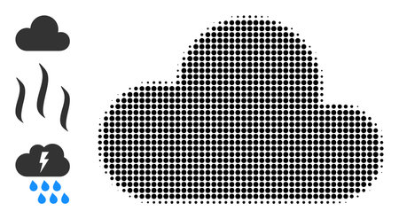Halftone cloud. Dotted cloud made with small circle pixels. Vector illustration of cloud icon on a white background. Halftone array contains circle dots.のイラスト素材