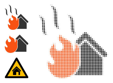 Halftone house fire. Dotted house fire generated with small circle dots. Vector illustration of house fire icon on a white background. Halftone array contains circle dots.のイラスト素材