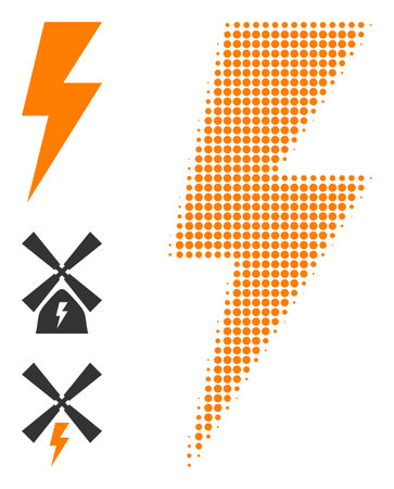 Halftone electric spark. Dotted electric spark designed with small circle pixels. Vector illustration of electric spark icon on a white background. Halftone array contains circle pixels.のイラスト素材