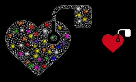 Bright network heart pacemaker constellation icon with lightspots. Illuminated vector constellation based on heart pacemaker icon. Sparkle frame mesh heart pacemaker on a black background.のイラスト素材
