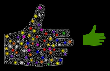 Flare network thumb up constellation icon with lightspots. Illuminated vector constellation based on thumb up glyph. Sparkle frame polygonal thumb up on a black background.のイラスト素材