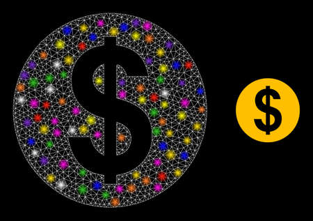 Glossy mesh dollar coin constellation icon with lightspots. Illuminated vector constellation is created from dollar coin icon. Sparkle frame mesh dollar coin on a black background.のイラスト素材