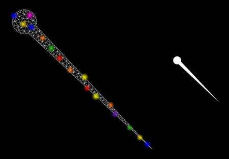 Flare mesh needle constellation icon with lightspots. Illuminated vector constellation based on needle icon. Sparkle frame mesh needle on a black background. Wire carcass 2D mesh in vector format.のイラスト素材