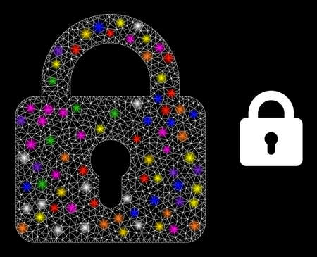 Flare network lock constellation icon with lightspots. Illuminated vector constellation based on lock icon. Sparkle frame mesh lock on a black background. Wire carcass flat mesh in vector format.のイラスト素材