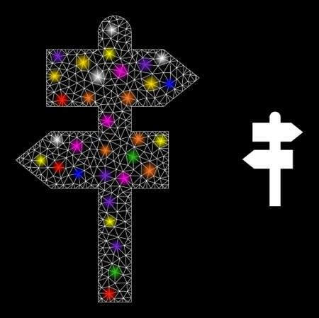 Glossy net way pointer glare icon with light spots. Illuminated vector model based on way pointer pictogram. Sparkle carcass mesh way pointer on a black background.のイラスト素材
