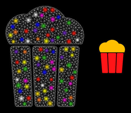 Glossy net popcorn bucket constellation icon with lightspots. Illuminated vector constellation based on popcorn bucket icon. Sparkle frame mesh popcorn bucket on a black background.のイラスト素材