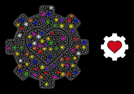 Bright network love mechanics glare icon with light spots. Illuminated vector model is created from love mechanics icon. Sparkle carcass mesh love mechanics on a black background.のイラスト素材