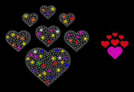 Bright mesh lovely hearts constellation icon with lightspots. Illuminated vector model based on lovely hearts glyph. Sparkle frame polygonal lovely hearts on a black background.のイラスト素材