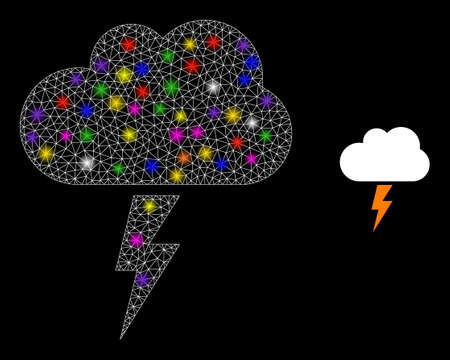 Bright mesh thunderstorm cloud constellation icon with lightspots. Illuminated vector constellation based on thunderstorm cloud glyph. Sparkle carcass mesh thunderstorm cloud on a black background.のイラスト素材