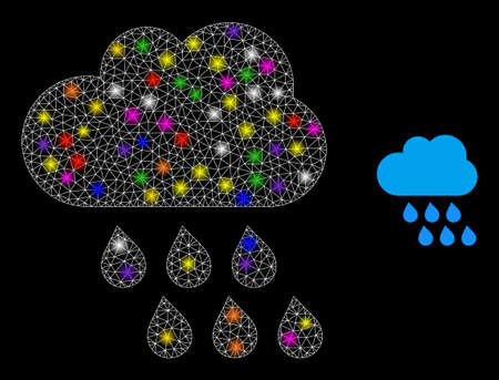 Glossy mesh rain cloud constellation icon with lightspots. Illuminated vector constellation is created from rain cloud icon. Sparkle carcass polygonal rain cloud on a black background.のイラスト素材