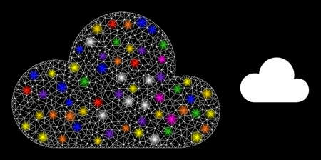 Glossy mesh cloud constellation icon with light spots. Illuminated vector constellation based on cloud picture. Sparkle frame mesh cloud on a black background. Linear frame flat mesh in vector format.のイラスト素材