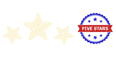 Five Stars scratched stamp seal, and 3 stars rate icon mesh structure. Red and blue bicolor stamp...