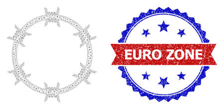 Euro Zone rubber stamp seal, and barbed wire circle icon polygonal structure. Red and blue bicolored stamp seal has Euro Zone text inside ribbon and rosette. Abstract flat mesh barbed wire circle,のイラスト素材