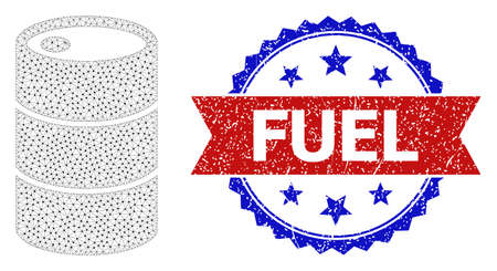 Fuel rubber seal, and barrel icon mesh model. Red and blue bicolor stamp seal includes Fuel caption inside ribbon and rosette. Abstract 2d mesh barrel, created from flat mesh.のイラスト素材