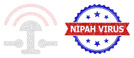 Nipah Virus grunge stamp seal, and alarm button ring icon network structure. Red and blue bicolored stamp seal includes Nipah Virus tag inside ribbon and rosette. Abstract flat mesh alarm button ring,のイラスト素材