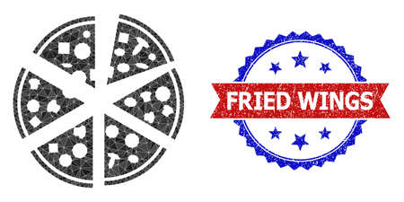 Lowpoly pizza pieces polygonal icon illustration, and grunge bicolor rosette seal stamp, in red and blue colors. Collage pizza pieces created with chaotic color triangles.のイラスト素材