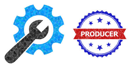 Low-poly wrench with gear polygonal 2d illustration, and grunge bicolor rosette seal, in red and blue colors. Mosaic wrench with gear formed with chaotic colored triangles.のイラスト素材