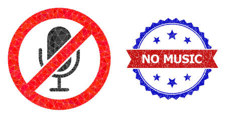 Low-poly stop microphone polygonal symbol illustration, and grunge bicolor rosette seal stamp, in red and blue colors. Collage stop microphone composed from chaotic colored triangles.のイラスト素材