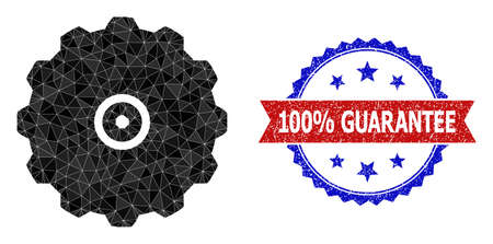 Low-poly gearwheel polygonal symbol illustration, and grunge bicolor rosette seal stamp, in red and blue colors. Collage gearwheel is composed of random color triangles.のイラスト素材