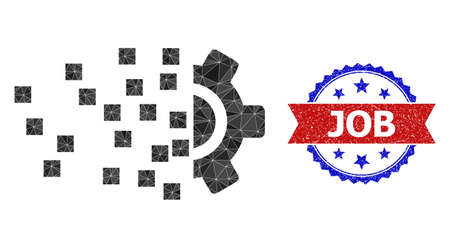 Low-poly synthesis gear polygonal 2d illustration, and grunge bicolor rosette stamp, in red and blue colors. Mosaic synthesis gear designed of chaotic colored triangles.のイラスト素材