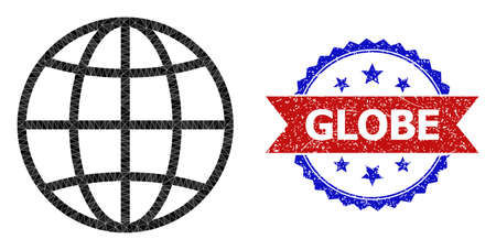 Low-poly globe polygonal icon illustration, and grunge bicolor rosette seal, in red and blue colors. Mosaic globe designed with random color triangles. Rosette stamp seal uses red and blue colors.のイラスト素材