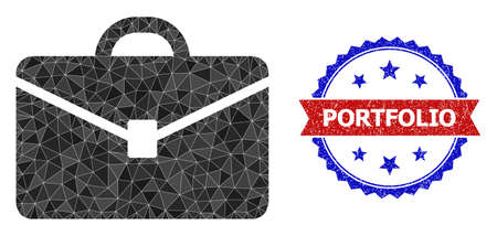 Lowpoly portfolio polygonal symbol illustration, and grunge bicolor rosette seal, in red and blue colors. Collage portfolio is designed with random color triangles.のイラスト素材