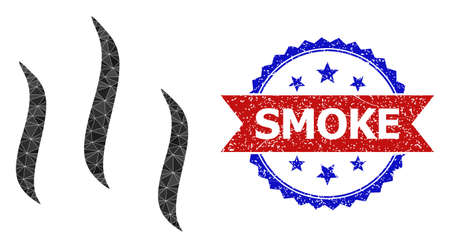 Lowpoly vapour polygonal symbol illustration, and grunge bicolor rosette stamp imprint, in red and blue colors. Collage vapour is designed of randomized colored triangles.のイラスト素材