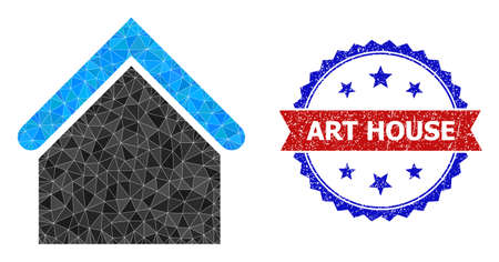 Lowpoly house polygonal 2d illustration, and grunge bicolor rosette seal, in red and blue colors. Mosaic house composed from chaotic colored triangles. Rosette stamp seal uses red and blue colors.のイラスト素材