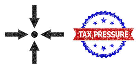 Lowpoly meeting point polygonal icon illustration, and grunge bicolor rosette seal stamp, in red and blue colors. Mosaic meeting point is designed of randomized colored triangles.のイラスト素材