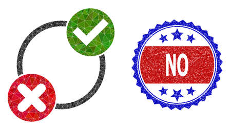 Lowpoly yes no variants polygonal icon illustration, and grunge bicolor rosette stamp, in red and blue colors. Collage yes no variants is created with scattered color triangles.のイラスト素材