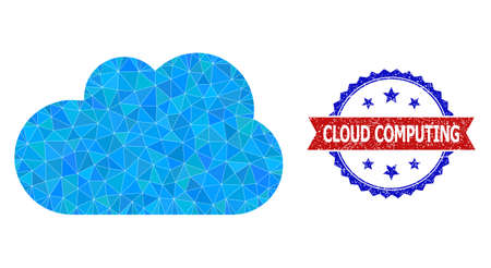 Low-poly cloud polygonal 2d illustration, and grunge bicolor rosette seal stamp, in red and blue colors. Mosaic cloud is composed of chaotic filled triangles.のイラスト素材