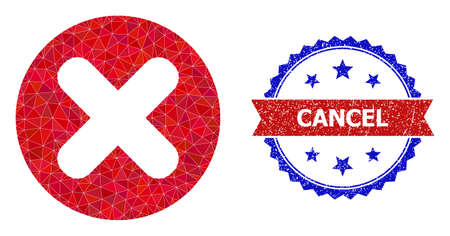 Low-poly cancel polygonal icon illustration, and grunge bicolor rosette seal, in red and blue colors. Mosaic cancel created with randomized color triangles. Rosette seal uses red and blue colors.のイラスト素材