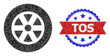 Lowpoly wheel polygonal icon illustration, and grunge bicolor rosette badge, in red and blue colors. Collage wheel created with chaotic colored triangles. Rosette watermark uses red and blue colors.のイラスト素材