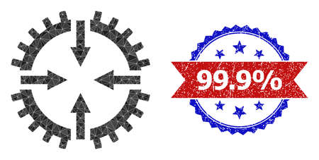 Lowpoly gear center polygonal icon illustration, and grunge bicolor rosette stamp, in red and blue colors. Mosaic gear center formed with random color triangles.のイラスト素材