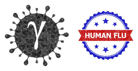 Low-poly Gamma covid virus polygonal symbol illustration, and grunge bicolor rosette stamp imprint, in red and blue colors. Mosaic Gamma covid virus designed of chaotic color triangles.のイラスト素材