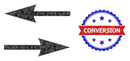 Lowpoly flip arrows polygonal 2d illustration, and grunge bicolor rosette stamp imprint, in red and blue colors. Mosaic flip arrows is formed of chaotic colored triangles.のイラスト素材